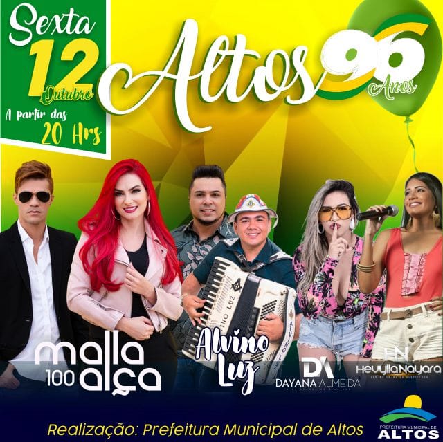 Malla 100 Alça, Dayana Almeida, Alvino Luz e Hevilla Nayara animarão aniversário de 96 anos de Altos